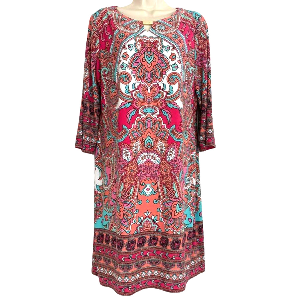 Madison Leigh Womens Pink Paisley Printed Jersey Knit 3/4 Sleeve Dress sz 10
